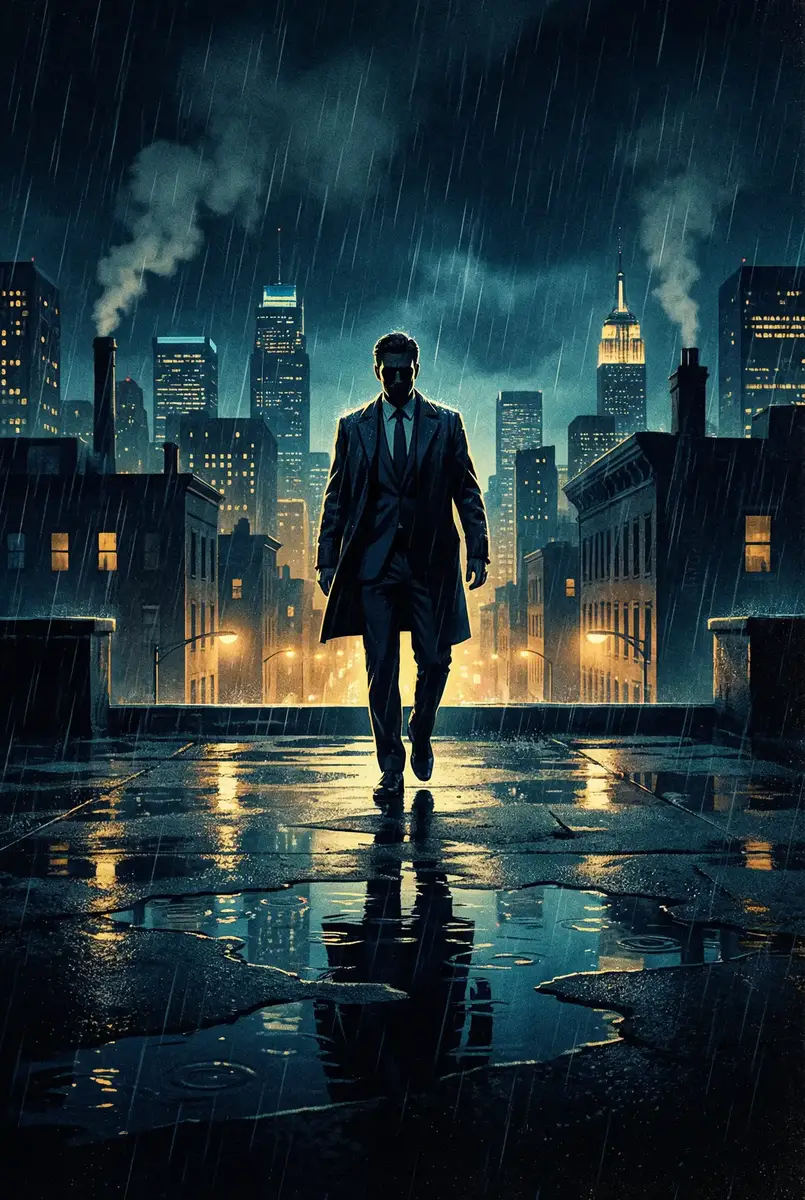 机器纪元 出品影片《雨夜独行者》海报，雨中城市屋顶男性剪影
